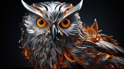 Wall Mural - A detailed 3D rendering of an owl with metallic feathers, a dark background, and large, orange eyes.