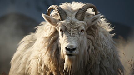 Wall Mural - A close-up portrait of a majestic white mountain goat with long, thick fur and curved horns, staring directly at the camera.