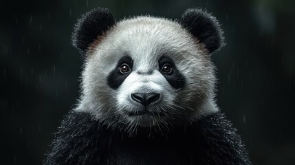 Wall Mural - A close-up portrait of a panda bear with large, curious eyes, set against a dark, blurred background of a forest. 