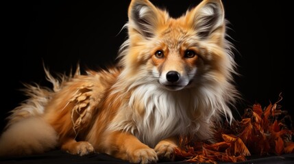 Wall Mural - A red fox with a white chest and fluffy tail, lying on a black background with some brown leaves beside it, looks directly at the viewer.