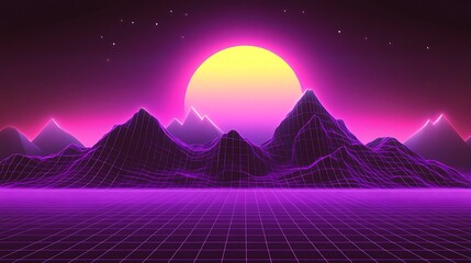 Fototapete - A Purple and Yellow Retrofuturistic Landscape with a Wireframe Grid