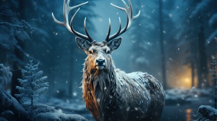 Poster - A majestic deer with large antlers stands in a snowy forest, looking directly at the camera. The forest is dark and mysterious, with snow falling and a faint light in the distance.