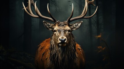 Wall Mural - A majestic red deer with large antlers stands in a dark forest, looking directly at the camera.