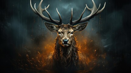 Wall Mural - A majestic stag with large antlers stands in a misty forest with a fire behind it, looking directly at the viewer.