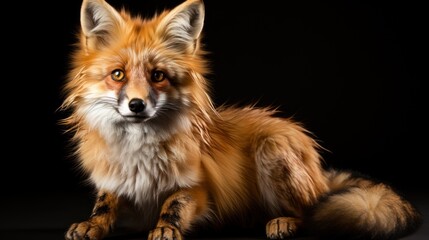 Wall Mural - A red fox with a white chest and paws, lying down against a black background.
