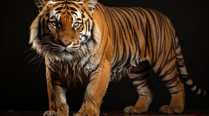 Wall Mural - A majestic tiger with orange and black stripes stands on a dark background, looking directly at the camera.