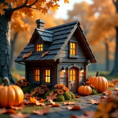 Orange pumpkinm wooden house and leaves real estate 