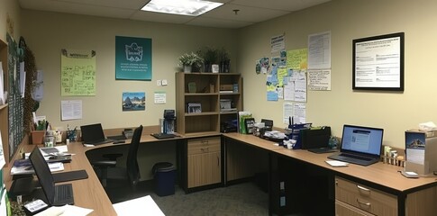 Poster - Office Interior with Desks and Computers.