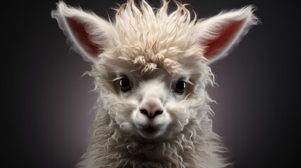 Wall Mural - A close-up portrait of a white baby alpaca with fluffy fur and large ears, looking directly at the camera.