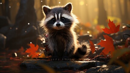 A cute raccoon sitting on a rock in a forest with autumn leaves around it, looking at the camera.