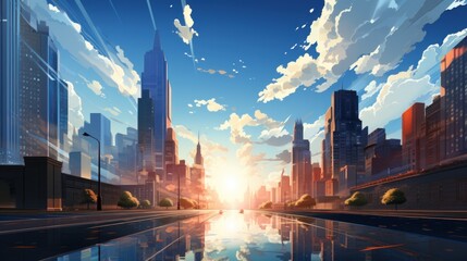 Wall Mural - A digital illustration of a cityscape with a sunrise in the background, reflecting on the wet street.