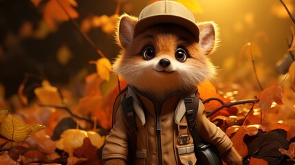 Canvas Print - A cute cartoon fox wearing a brown jacket and a cap, standing in an autumn forest with fallen leaves.