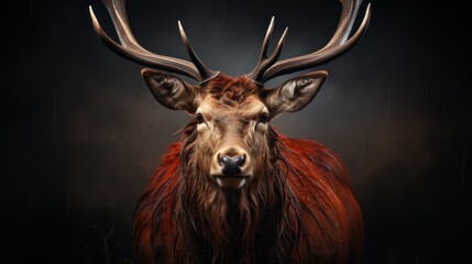 Wall Mural - A majestic red deer with large antlers stares directly at the camera against a dark, blurred background.