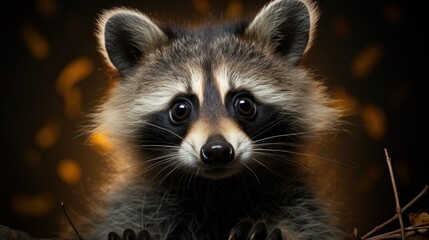 Wall Mural - A curious raccoon with big, dark eyes looks directly at the camera against a blurry background of golden lights.