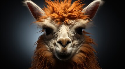 Wall Mural - Close-up portrait of a fluffy alpaca with brown fur and a serious expression looking directly at the camera.