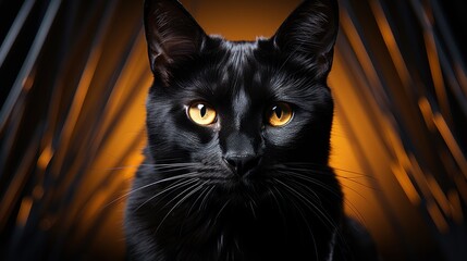 Wall Mural - A black cat with bright yellow eyes stares intently at the camera, framed by a dark, geometric background.