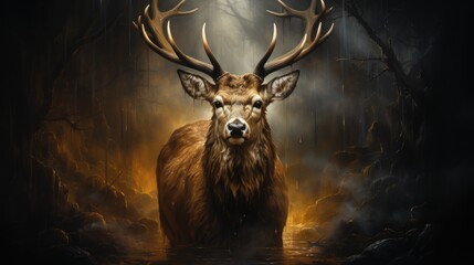 Wall Mural - A majestic red deer stag stands in a misty forest, illuminated by a single beam of light.