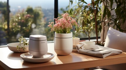 White smart home devices on a wooden table next to a potted plant, with a view of nature through the window.