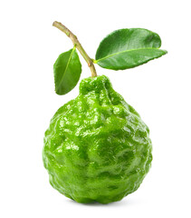 Wall Mural - Bergamot fruit with stem and leaves isolated on white background.