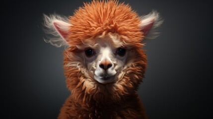 Wall Mural - A fluffy brown alpaca with white face and big, dark eyes looks directly at the camera against a dark background.