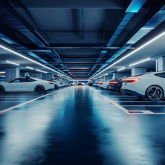 3D rendering of an underground parking garage with high-tech sensors for automated cars,Generative AI