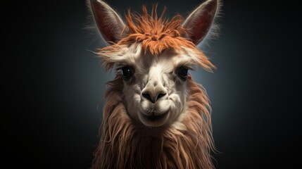 Wall Mural - Close-up portrait of a fluffy alpaca with a funny expression looking directly at the camera against a dark background.