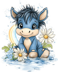 a cute blue donkey is sitting in a pond with flowers. the donkey is smiling and looking at the camer