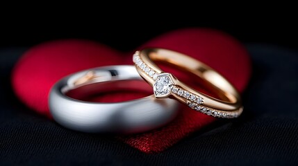 Two interlocked rings against a rich crimson heart shaped backdrop representing the eternal bond and lasting love between partners  This image symbolizes the commitment devotion