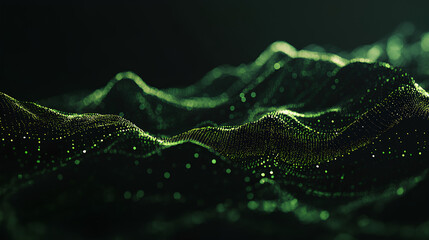 Poster - abstract black dark background with green dots and lines, creating a wave pattern on the surface of 