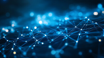 Fototapete - Abstract digital network circuit board background banner with glowing light and connecting data dots in blue and black colors. Big data technology concept