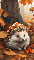 Wall Mural - A hedgehog sits among mushrooms in an autumn forest with fallen leaves.