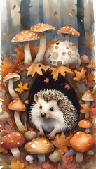 Wall Mural - A hedgehog sits among mushrooms in an autumn forest with fallen leaves.