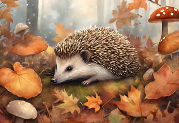 Wall Mural - A hedgehog sits among mushrooms in an autumn forest with fallen leaves.