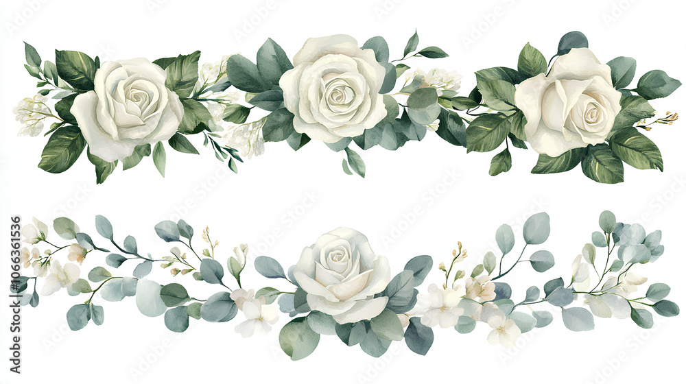 Watercolor white flowers border set. White roses, eucalyptus leaves ...