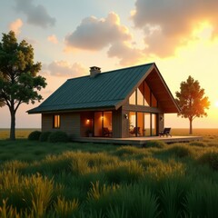 Ecological green wood model house in empty field at sunset real estate 