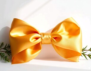 Large gold tie bow made of shiny satin ribbon on plain white background