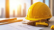 © Worakit - yellow hard hat and utility knife on construction plans, symbolizing safety and planning in construction. warm sunlight enhances focus on tools