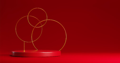 Poster - Red cylinder product podium with gold decorative circle on wall in minimal studio room interior. Realistic 3d vector elegant platform mockup with golden round line for goods display and promotion.