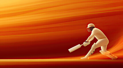 Poster - Energetic cricket player in action, showcasing skill and focus against vibrant orange background. dynamic movement captures excitement of sport