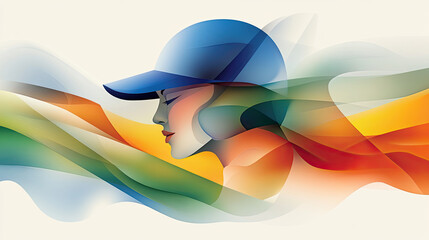 Poster - Abstract illustration of woman wearing cap, with flowing colorful waves representing energy and movement. design conveys sense of dynamism and creativity