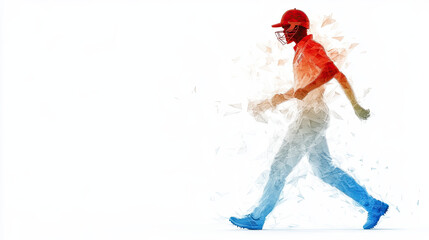 Poster - dynamic abstract graphic of cricket player in motion, showcasing vibrant colors and geometric shapes. player is depicted in red jersey and blue shoes, creating energetic feel