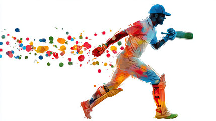 Poster - Stylized vector art of cricketer in full costume, running with bat, colorful splashes in background. vibrant and dynamic representation of cricket