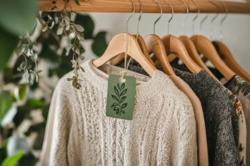 Showcase a collection of eco-friendly clothing displayed on a rack, made from organic and recycled materials