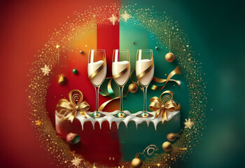 Three champagne flutes with gold ribbon and a white liquid are on a white platform with two gold gift boxes and surrounded by gold glitter, red and green ornaments, and a gold ribbon.