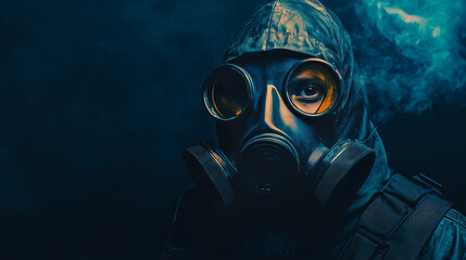 A person wearing a gas mask against a dark background, close-up.  There's room for writing.