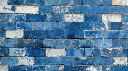 Rustic blue brick wall texture background in a panoramic format