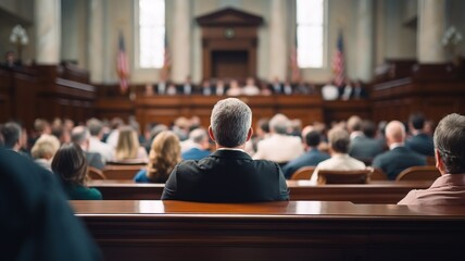 Wall Mural - A courtroom with a focus on the witness stand, capturing the intricate details of the stand and the anxious expression of a witness giving testimony, with the judge and lawyers in the background.