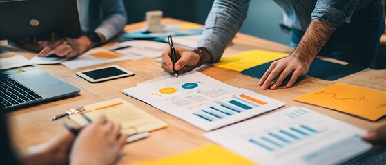 Poster - A collaborative workspace showcasing hands analyzing charts and graphs on paper during a business strategy meeting.