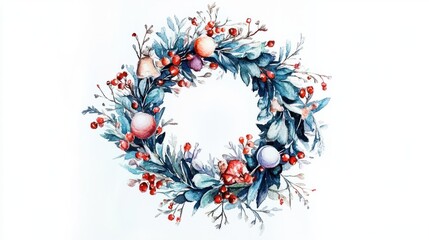 Poster - A Captivating Hand-Drawn Watercolor Christmas Holiday Wreath Illustration, Set Against a Crisp White Background for Festive Delight.