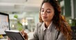 © peopleimages.com - Tablet, planning and woman in office with online schedule, connection and reading email feedback. Ideas, review and happy businesswoman on digital app for communication, thinking or research at desk